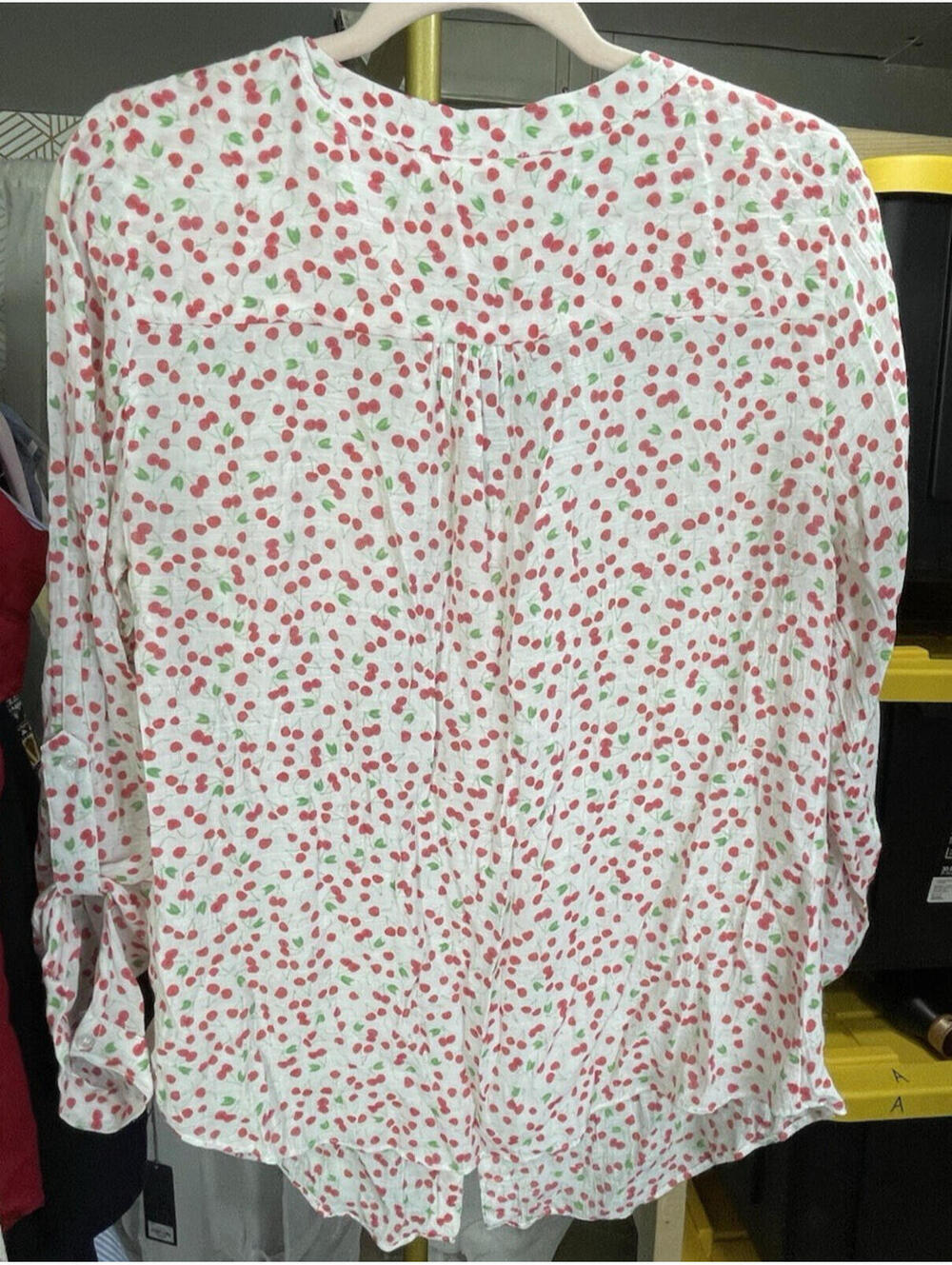 Zac & Rachel Pink Cherry Print Button-Up Top Roll Tab Long Sleeve Medium Fruit - Picture 2 of 6